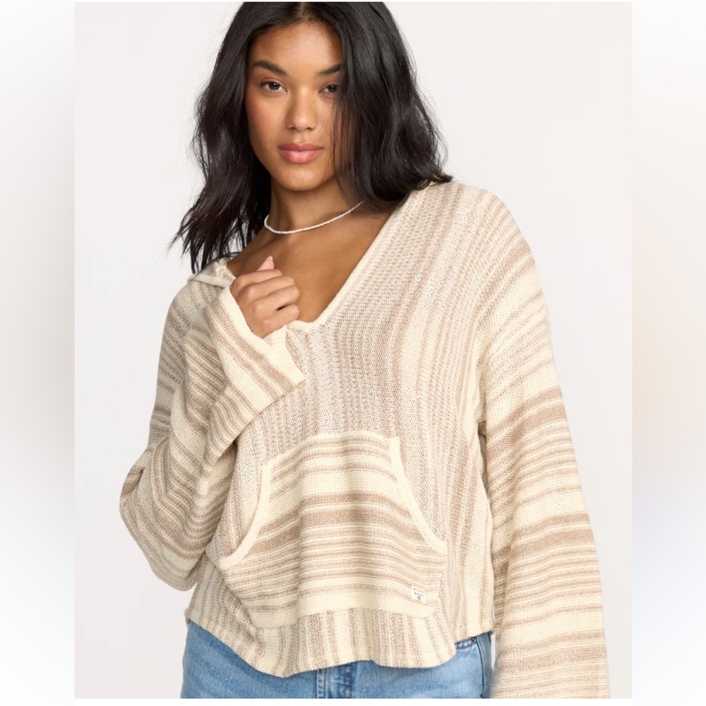 Billabong Oversized Cream and Brown Striped V-Neck Hoodie Sweater